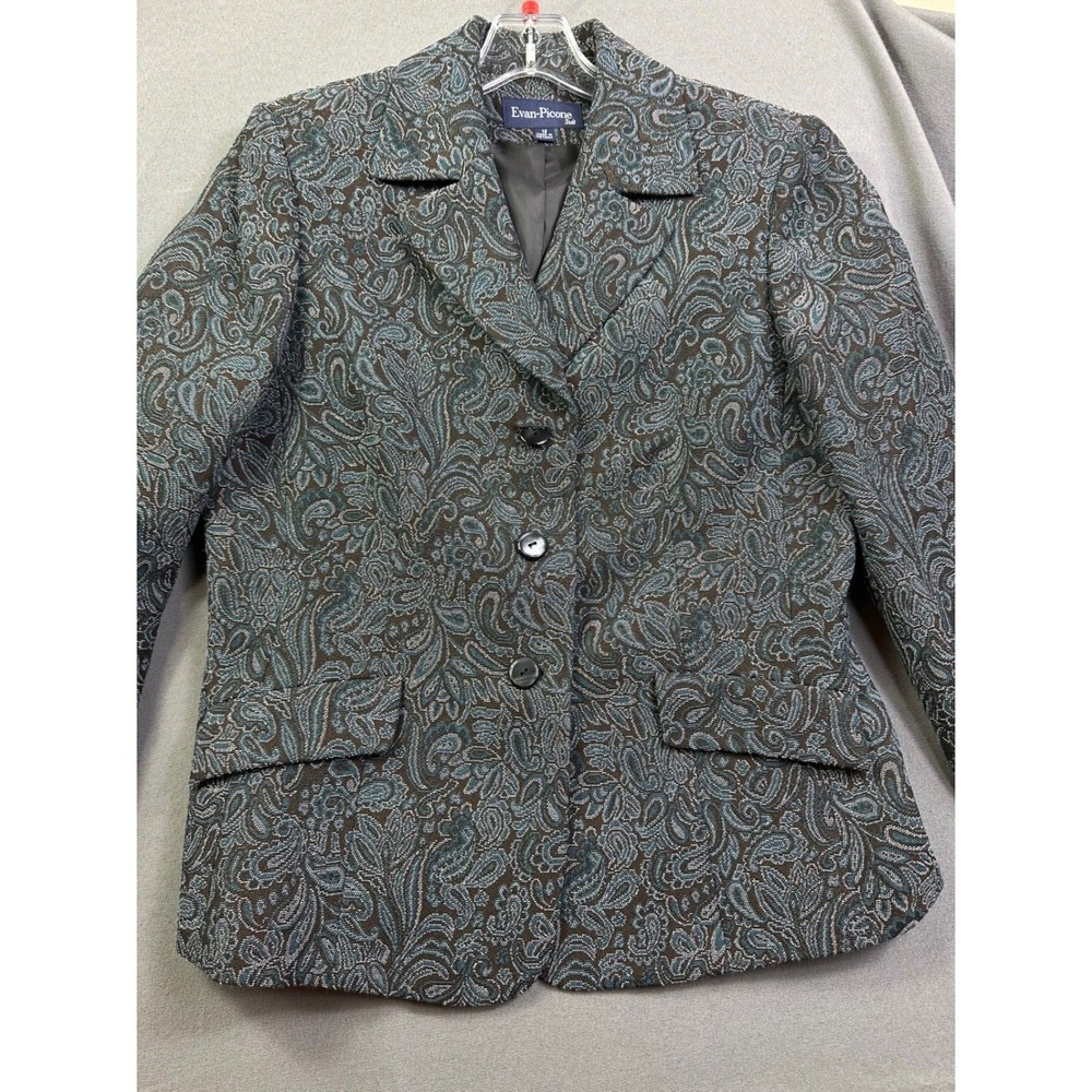 Evan-Picone Suit Women's 12 Blazer Jacket Paisley Jacquard Teal‎ Brown 3-Button